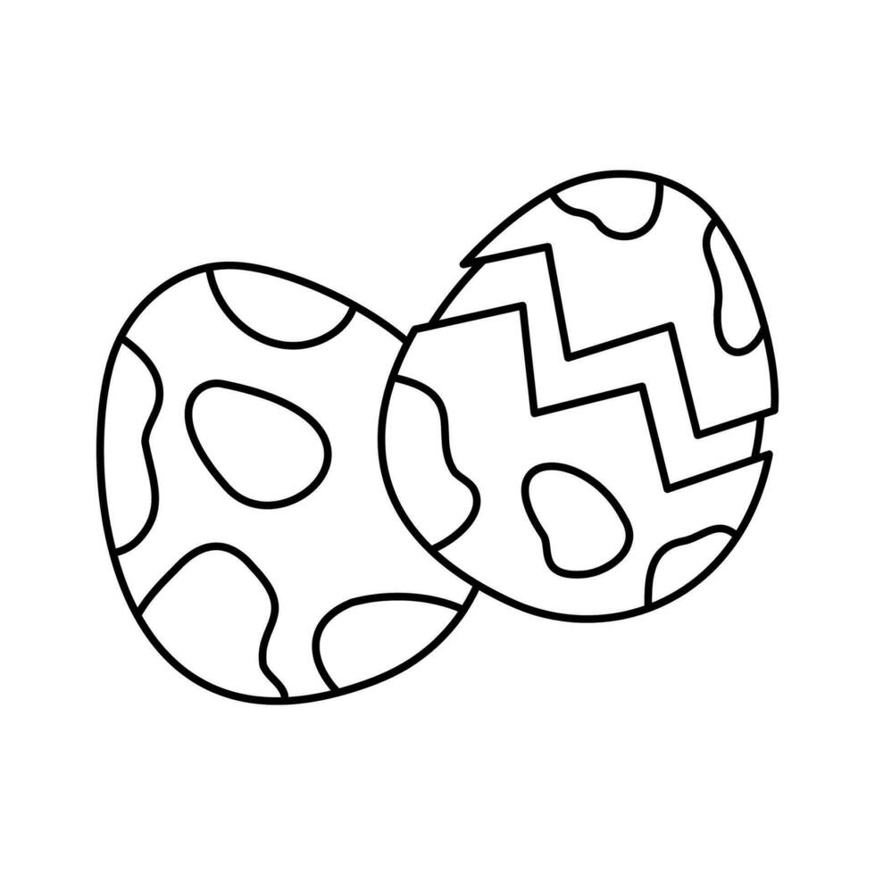 Two chicken eggs. One cracked. Doodle black and white vector illustration.