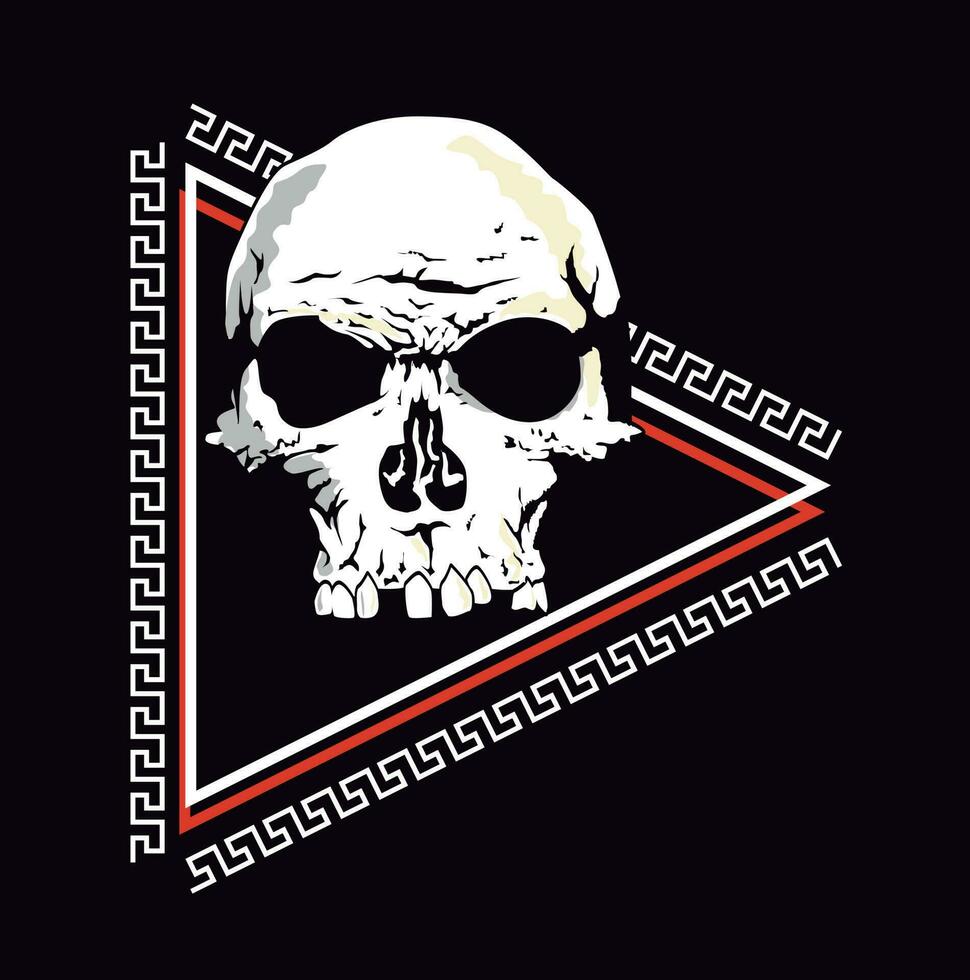 skull t-shirt design inside a triangle and geometric ornaments. vector illustration for devilish posters.