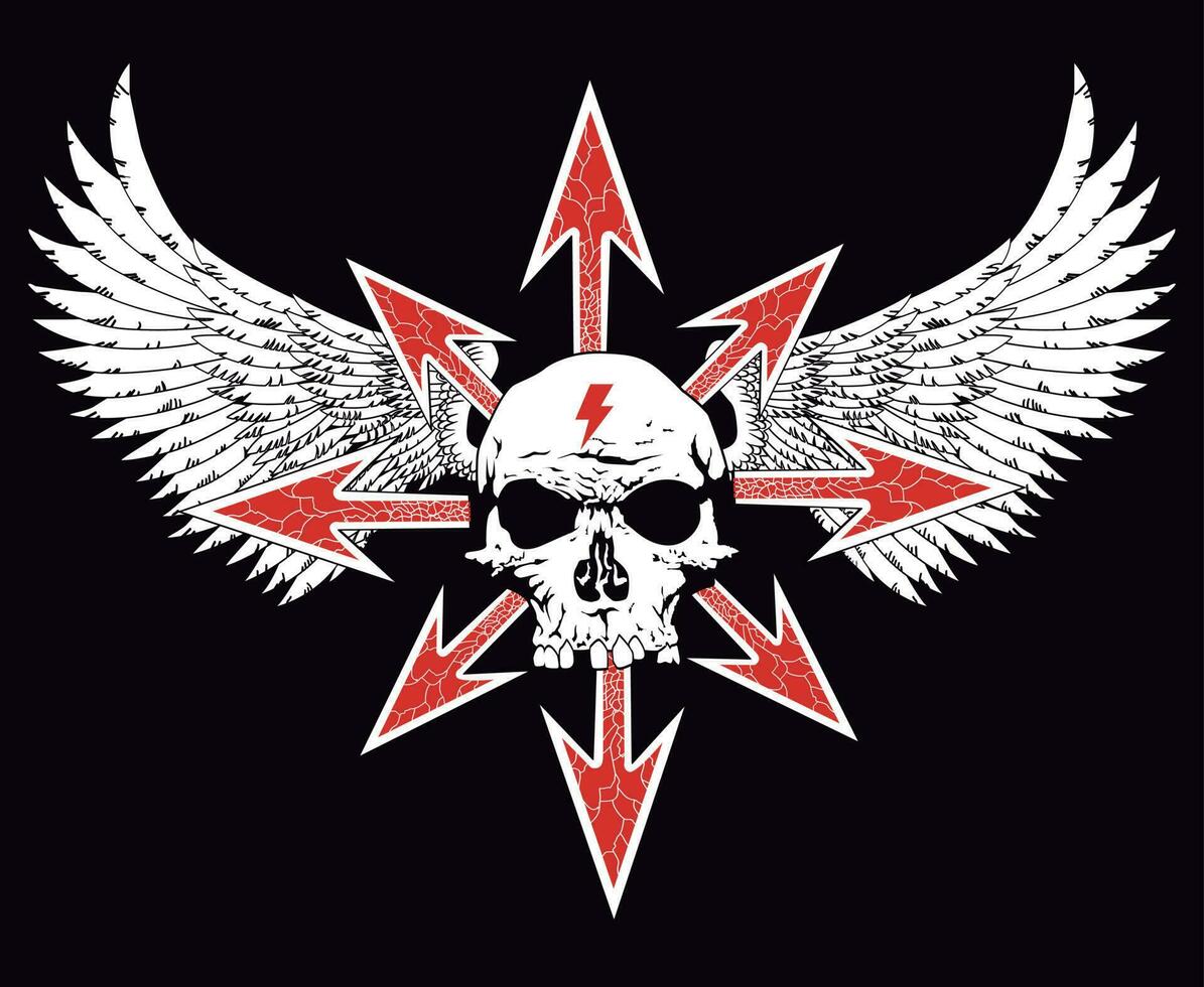 diseño para camiseta con con alas cráneo y rojo flechas ideal ilustración para pesado rock álbum cubrir vector