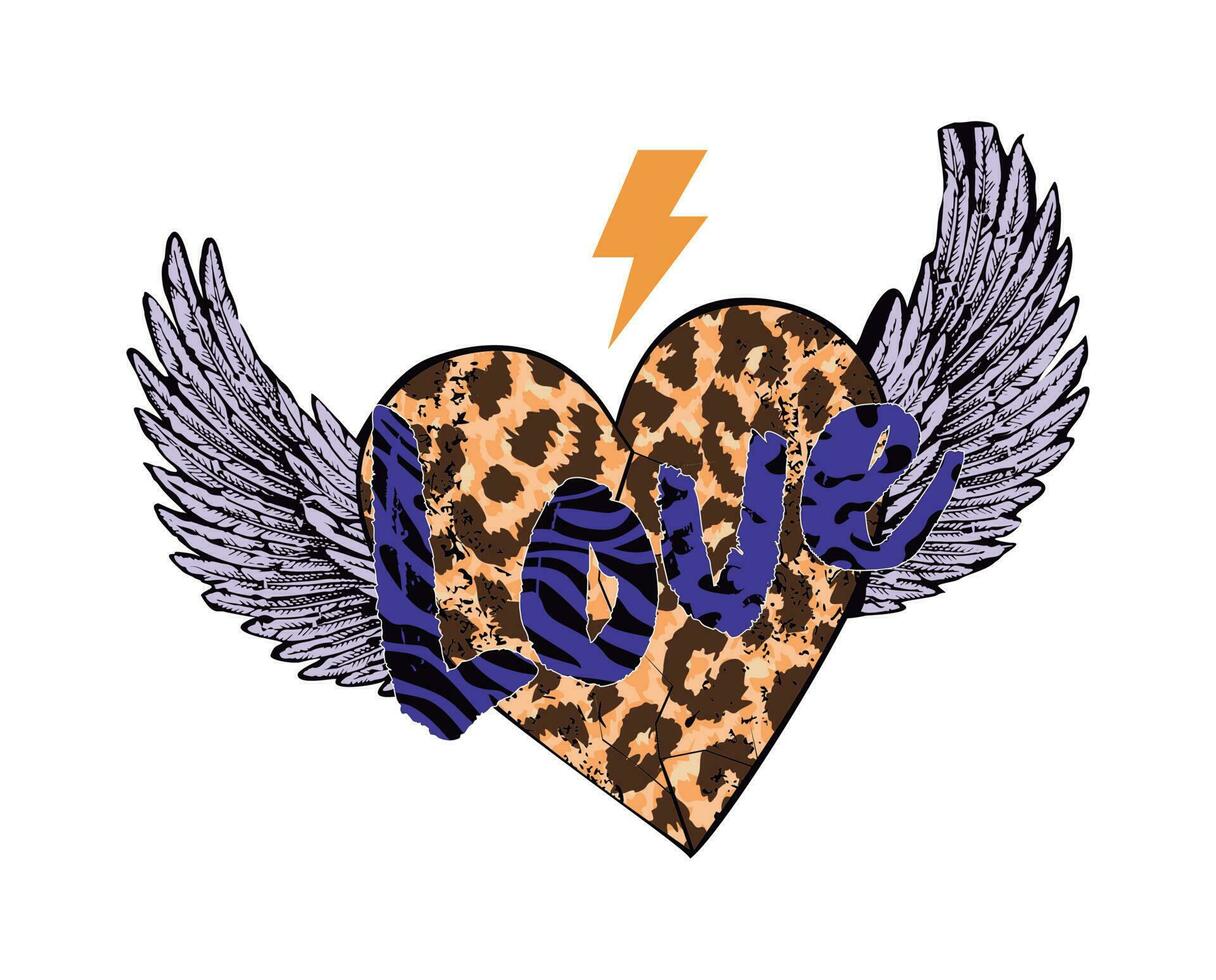 Love. Design for winged heart t-shirt with animal print texture and the symbol of thunder. vector