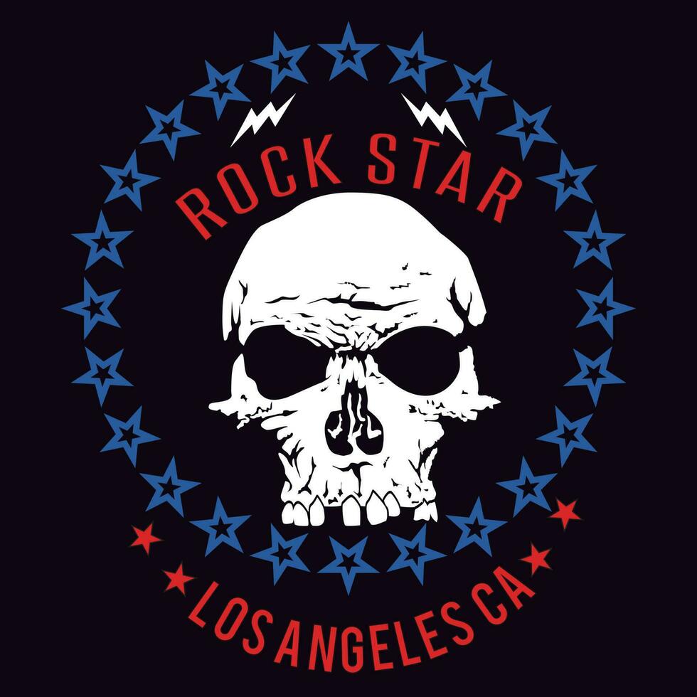 Vector design for t-shirt of a skull with white wings, with a circle of red stars and yellow letters on a black background.