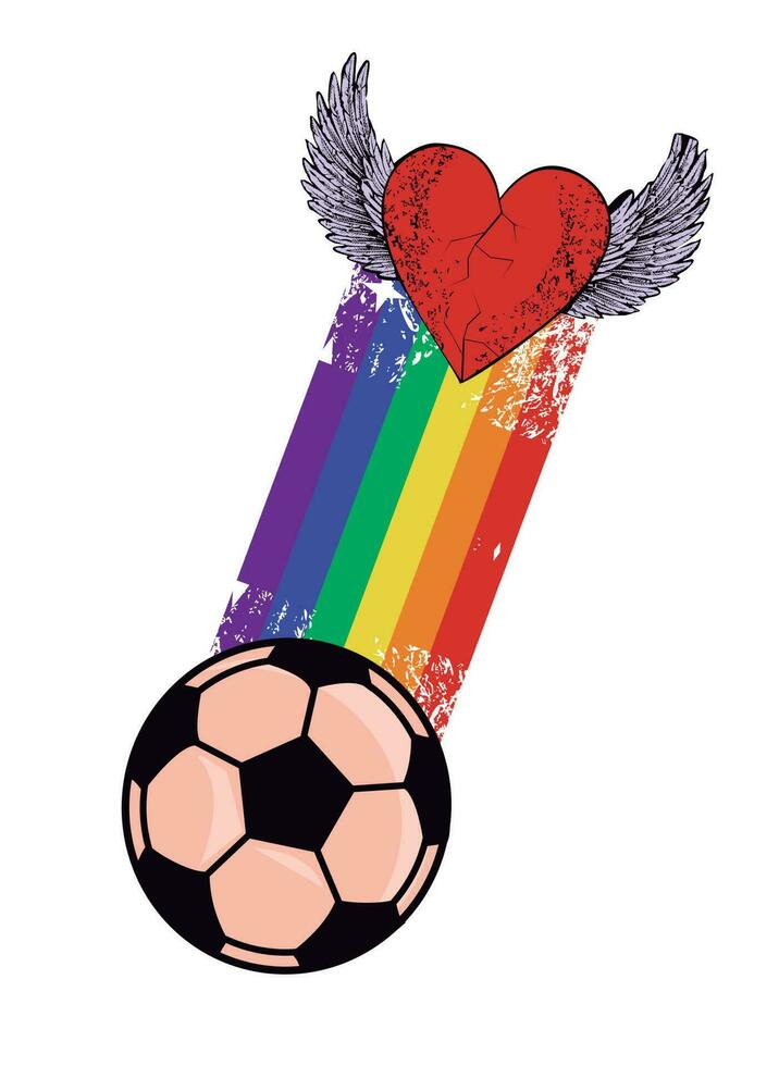 camiseta diseño de un con alas corazón adjunto a un fútbol americano por un arcoíris. vector ilustración para gay orgullo día.