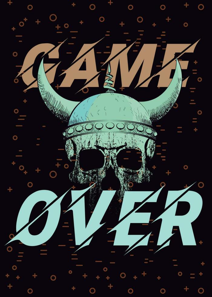 Game over. Vector illustration of a viking skull next to the phrase of the end of the game.