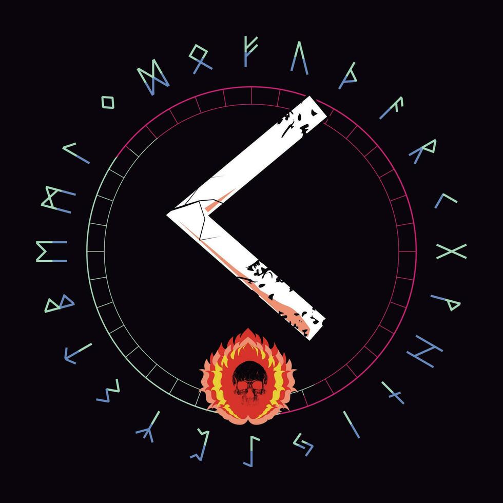 Design for a t-shirt of the runic letter called Kenaz next to a burning skull. Runic alphabet for posters. vector