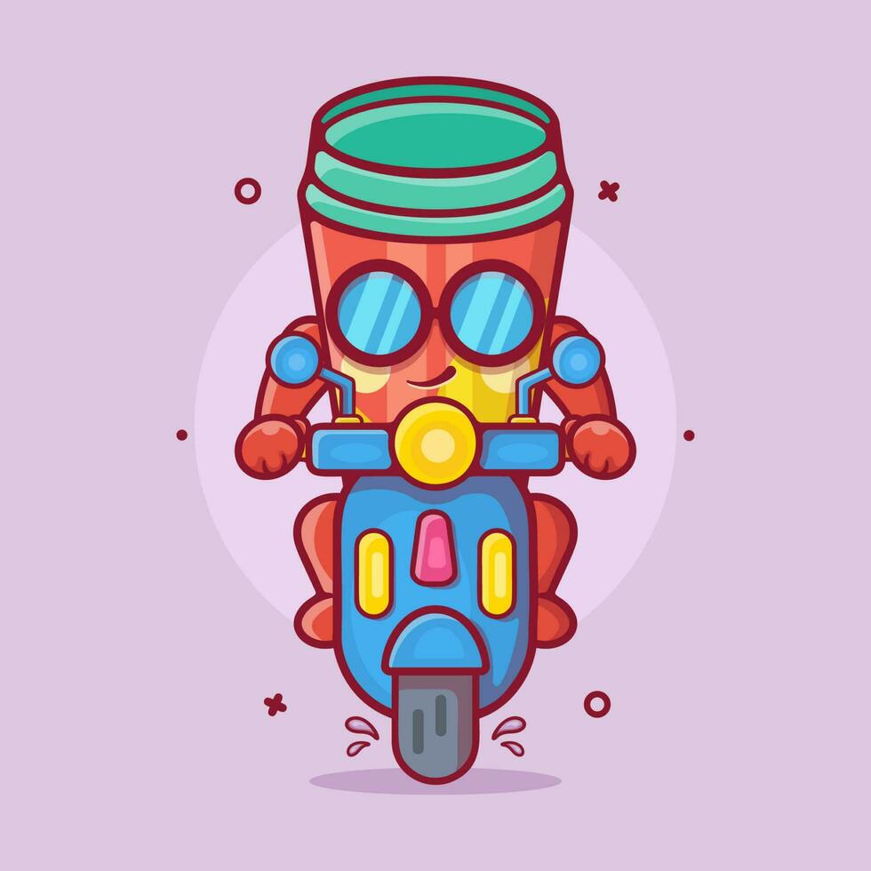 cool water tumbler character mascot riding scooter motorcycle isolated cartoon in flat style design vector