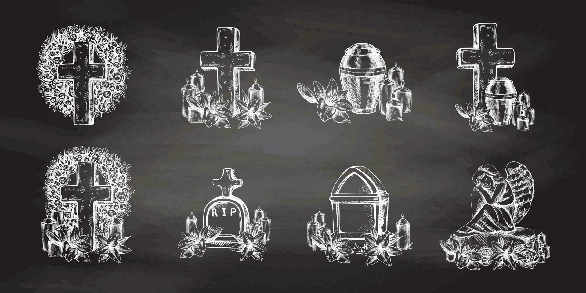 funeral servicio. vector ilustración. atributos y símbolos de condolencia, pérdida, muerto, duelo y cementerio bosquejo de Clásico Roca ángel, lápida sepulcral, urna, cruz, Resurrección.