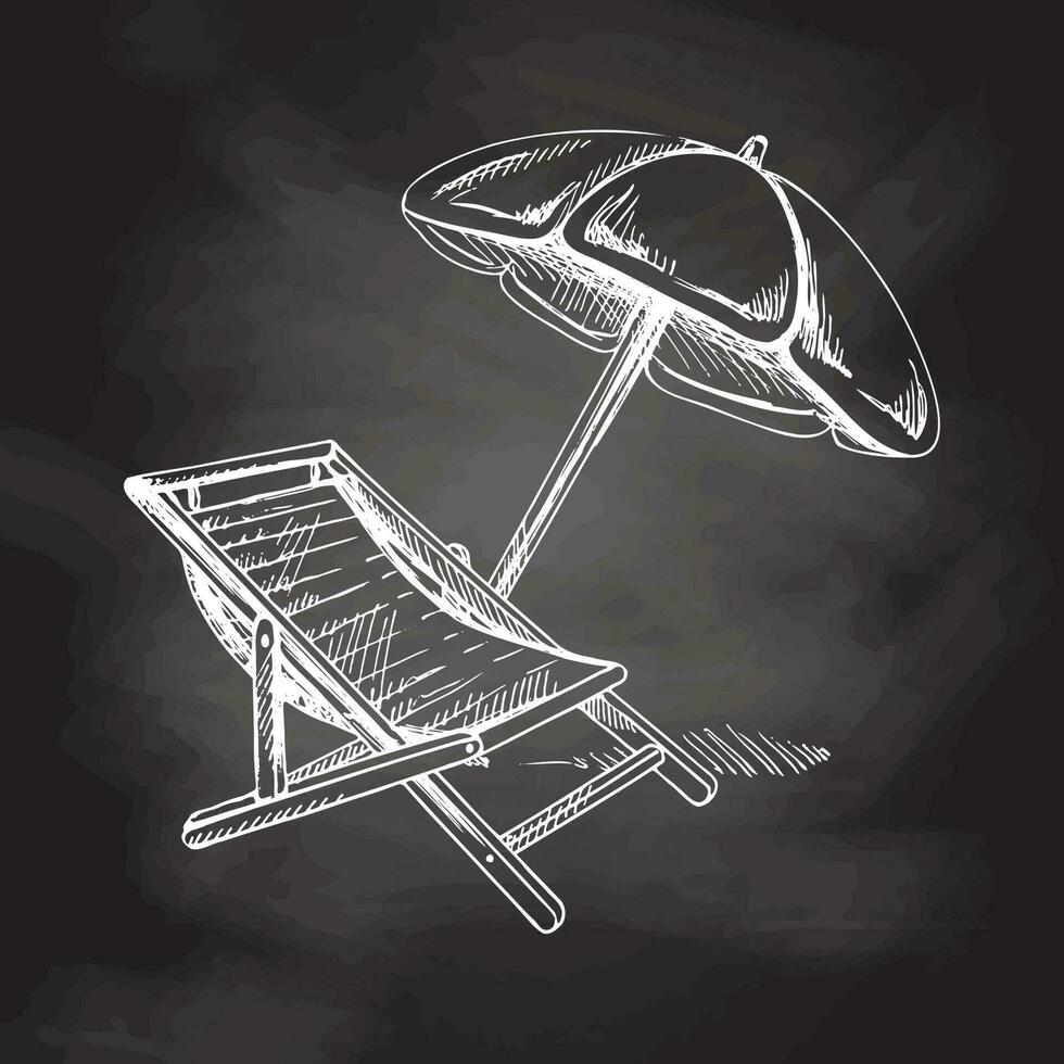 mano dibujado bosquejo de playa silla con playa sombrilla. Clásico vector ilustración aislado en pizarra antecedentes. garabatear dibujo.