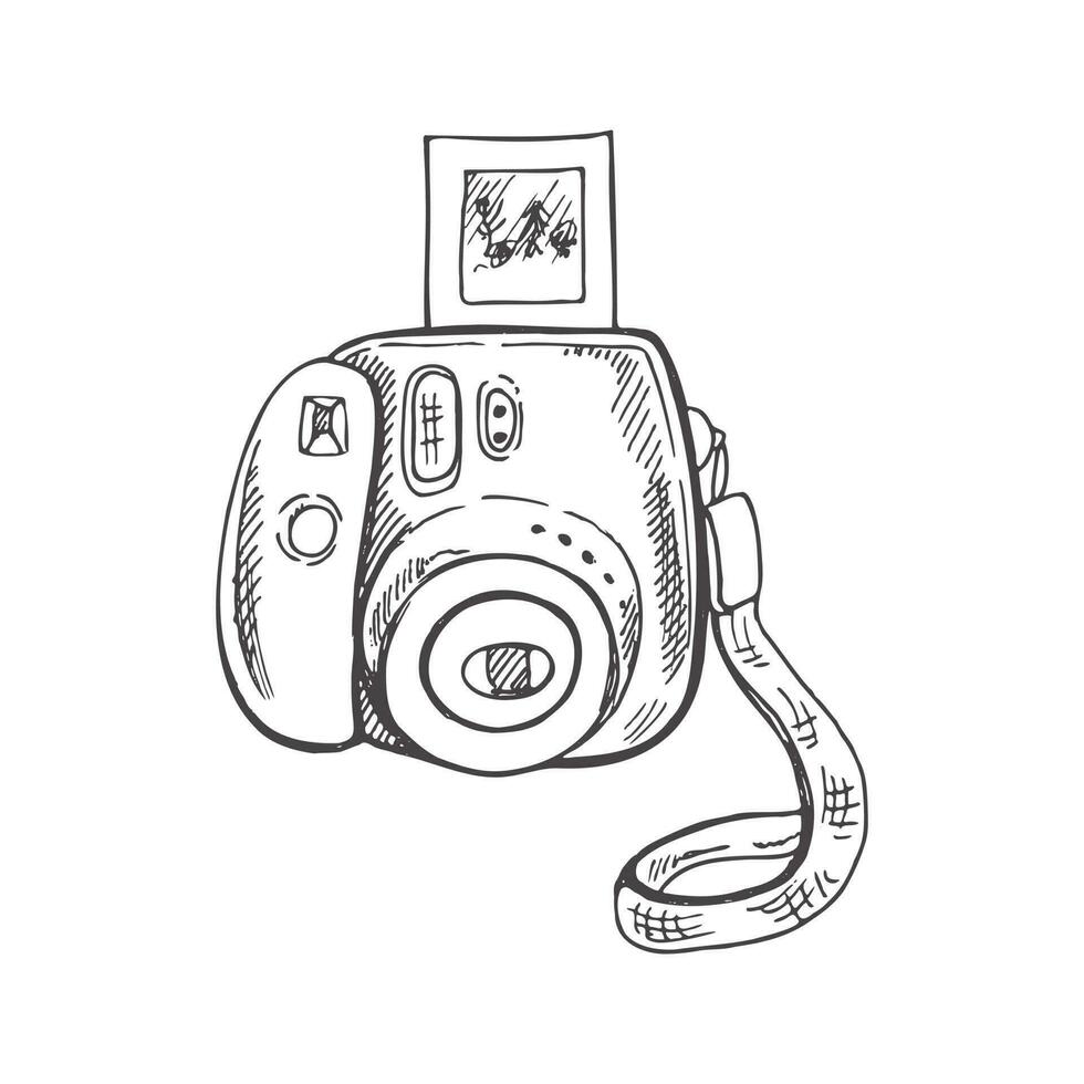 Hand drawn  sketch of Camera, Shooting equipment. Vintage vector illustration isolated on white background. Doodle drawing. Digital technology.