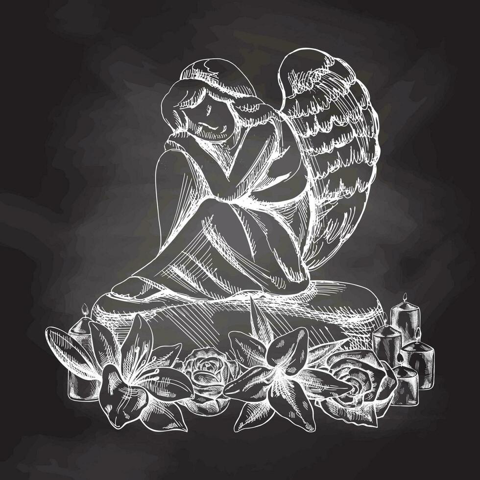 Hand drawn sad stone angel sitting with his head on his knees. Marble tombstone with candles and lilies. Vector drawing isolated illustration. Sketch christian symbol of death, cemetery