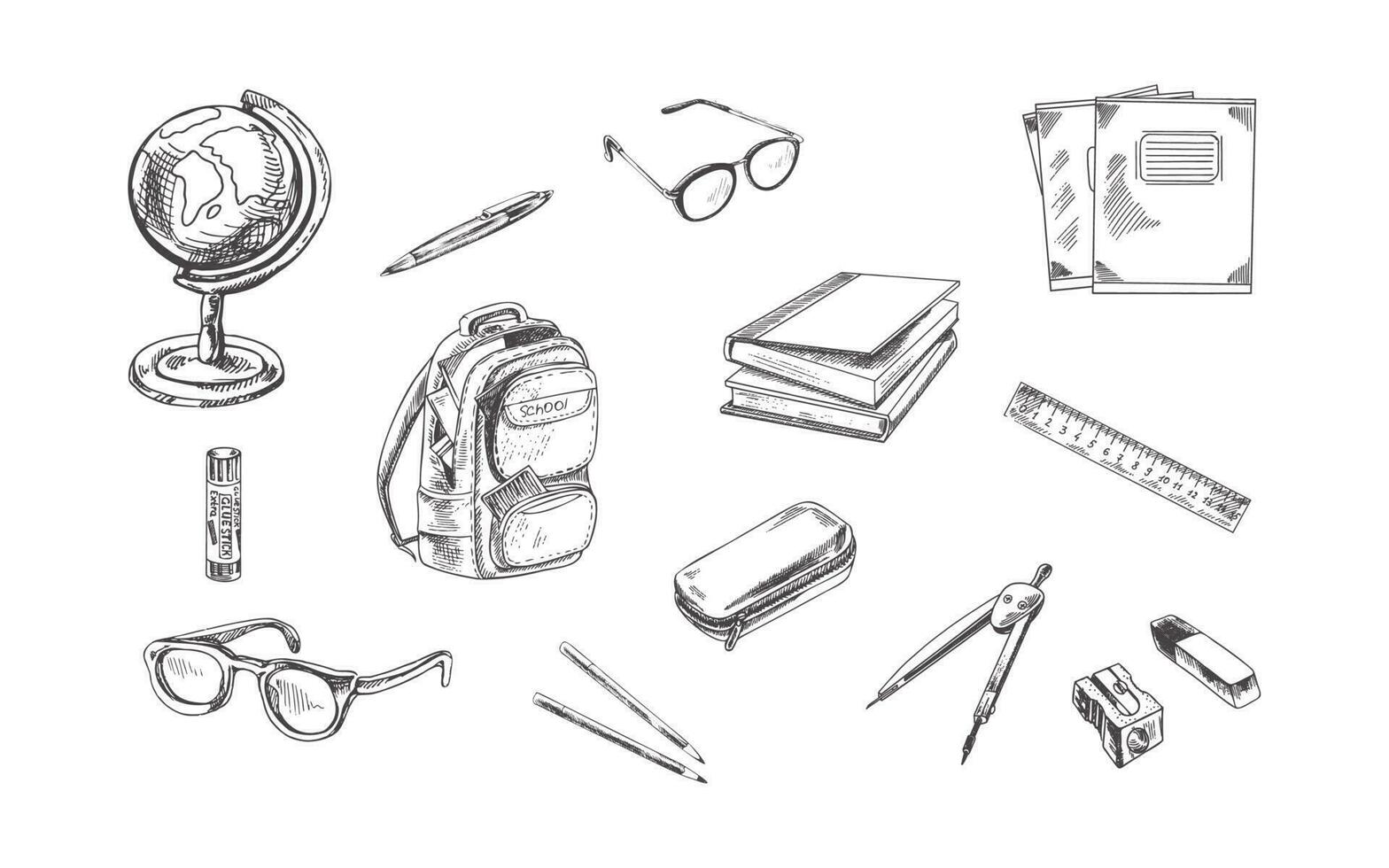 Back to School. Hand drawn Illustration isolated on white background. Vector set of school items. School illustration.