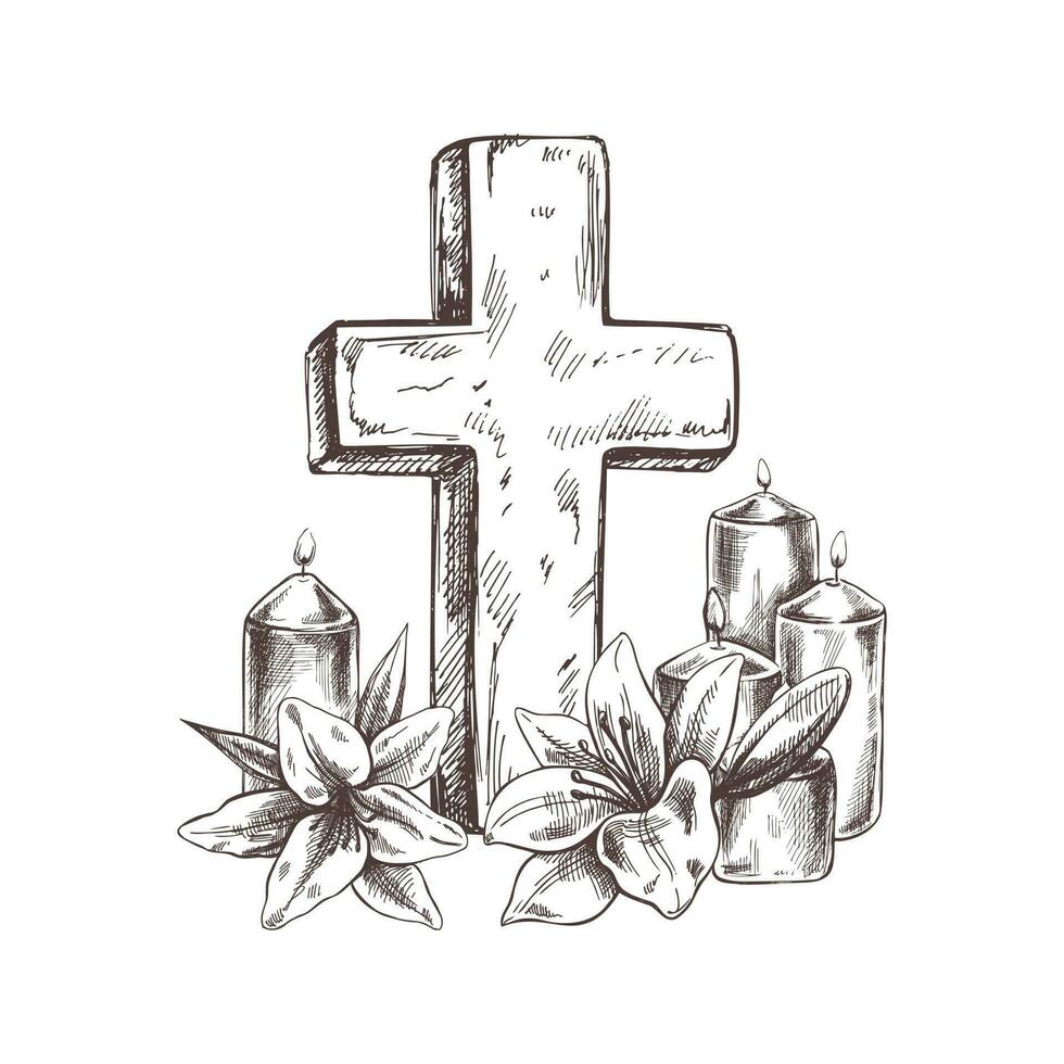 Old marble stone christ cross with with candles and lilies. Vector hand drawn isolated illustration on white background.