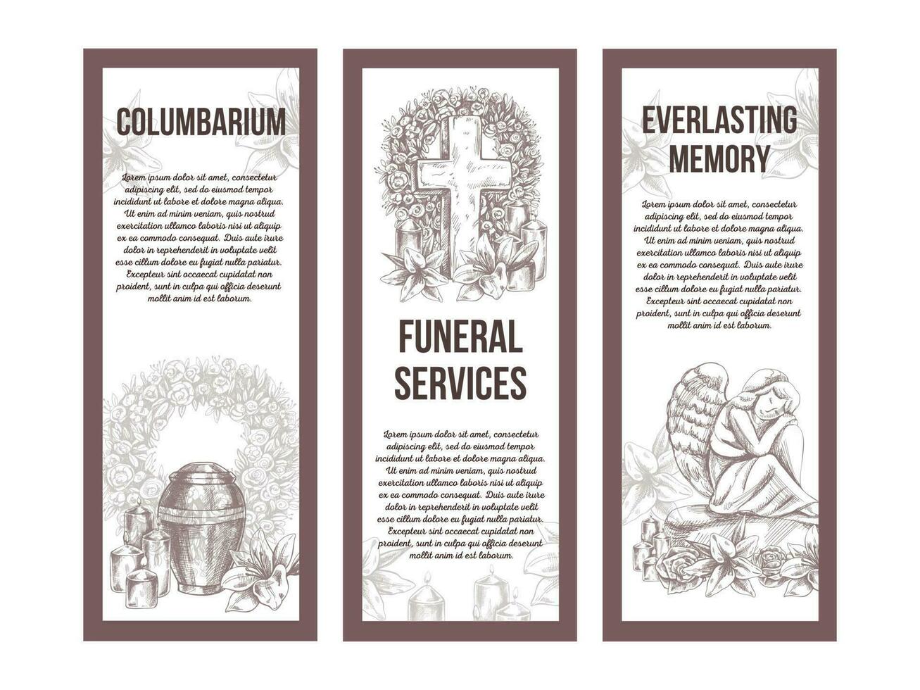 un dibujado a mano conjunto de vector funeral Servicio pancartas bosquejo ilustración para condolencia tarjeta y publicidad de palomera y cementerio con urna para cenizas, Clásico lápida sepulcral ángel, guirnalda, cruzar