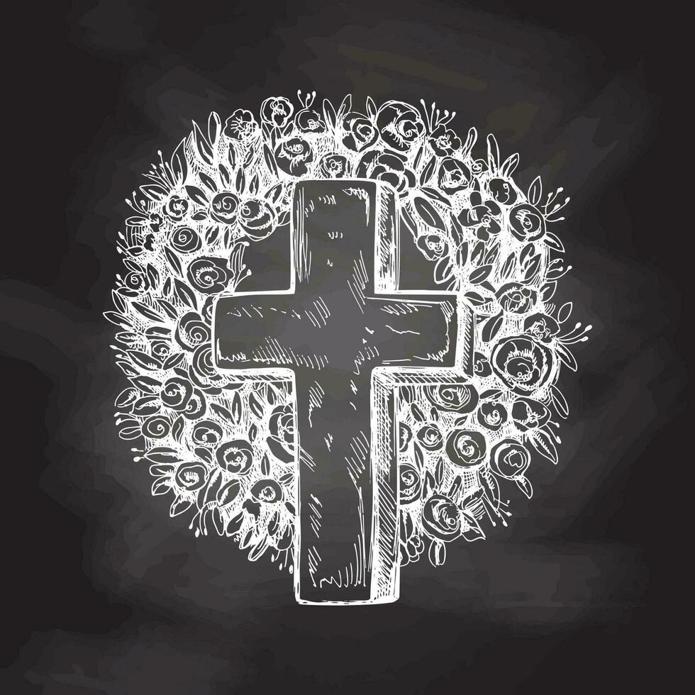 Old marble stone christ cross with a wreath. Vector hand drawn isolated illustration on chalkboard  background.