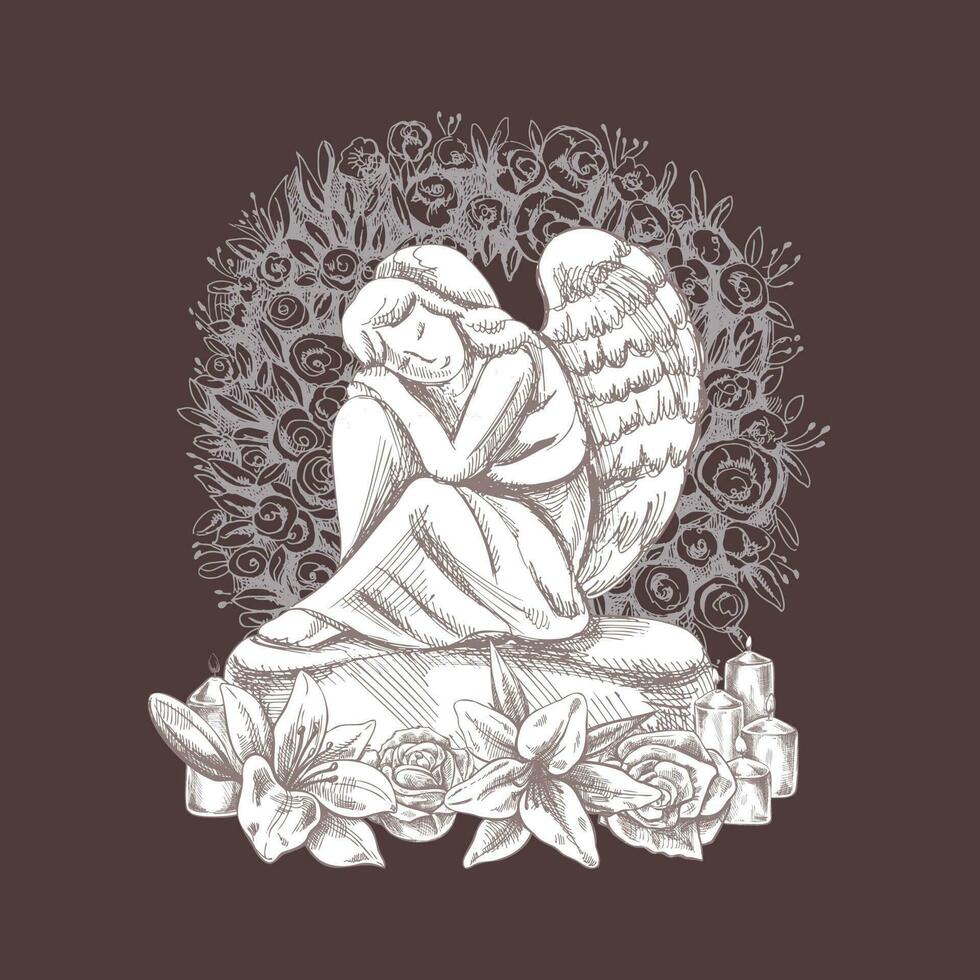 Hand drawn sad stone angel sitting with his head on his knees. Marble tombstone with candles and lilies. Vector drawing isolated on brown background, illustration for funeral business.