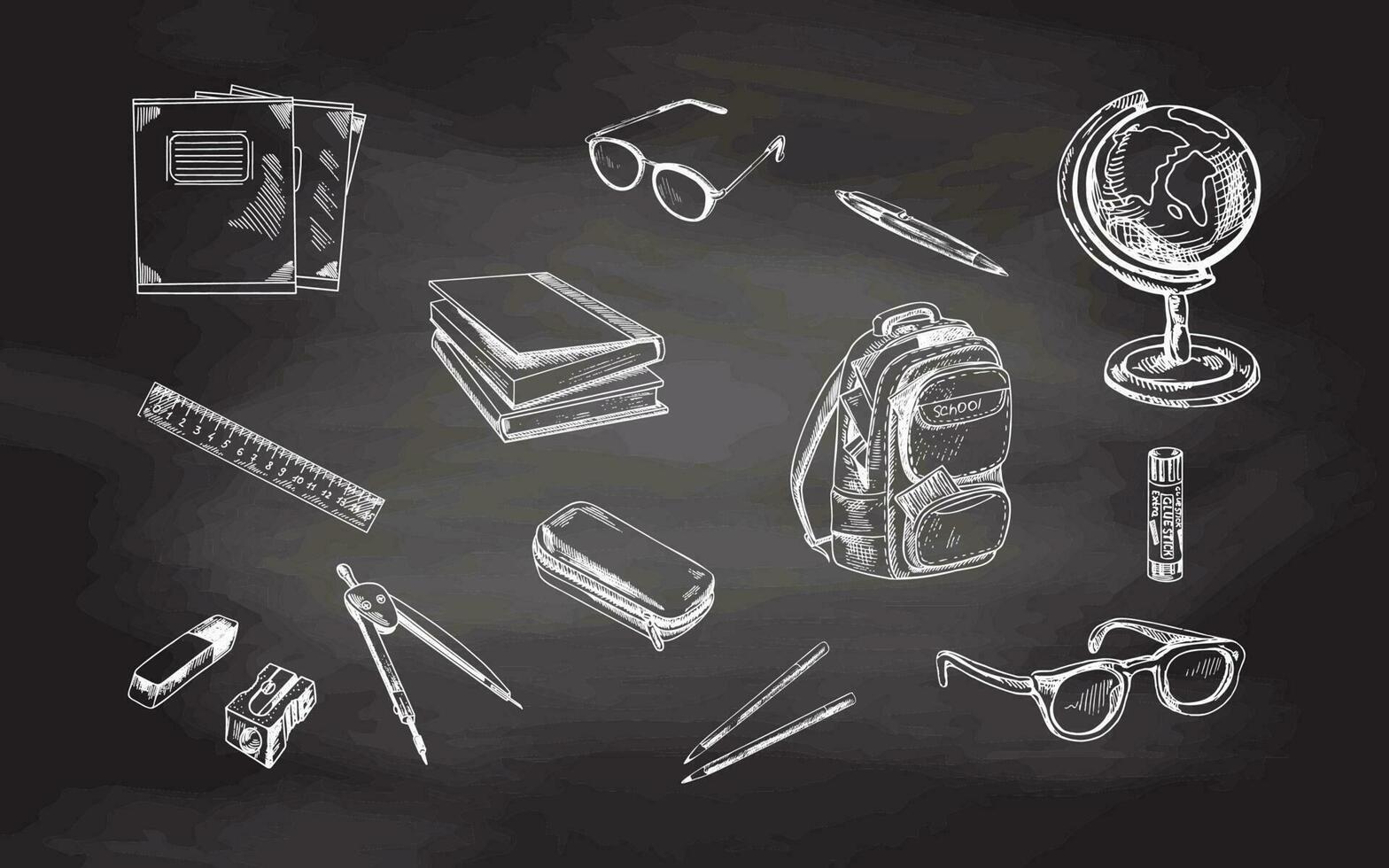 Back to School. Hand drawn Illustration isolated on chalkboard background. Vector set of school items. School illustration.