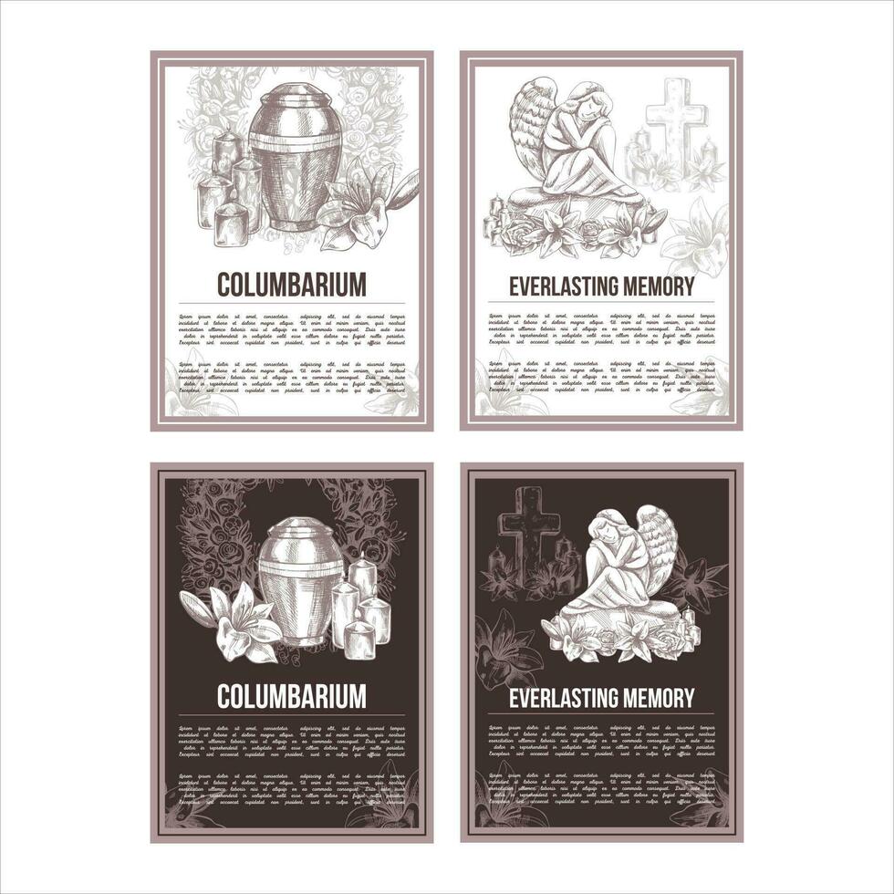 A hand-drawn set of vector funeral service banners.  Sketch illustration for condolence card and advertising of columbarium and cemetry with urn for ashes, vintage tombstone angel, wreath, cross