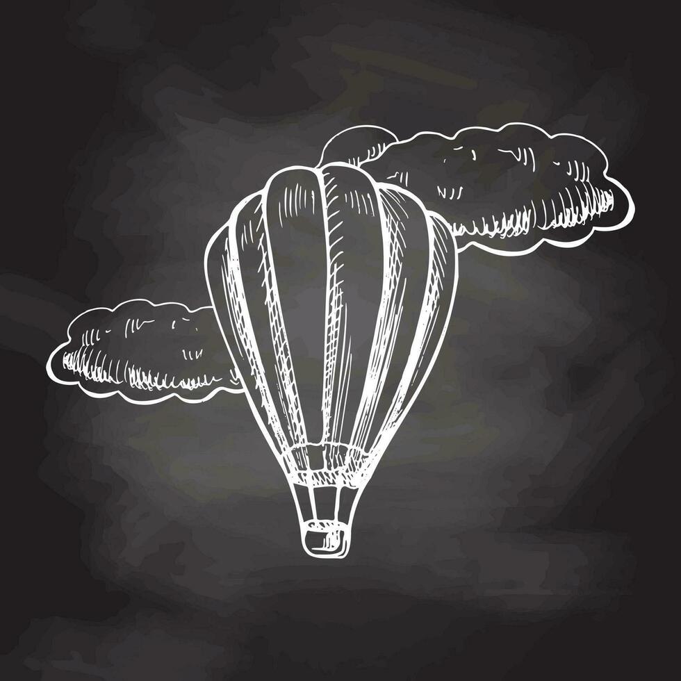 mano dibujado bosquejo de caliente aire globo con nubes Clásico vector ilustración aislado en pizarra antecedentes. garabatear dibujo.