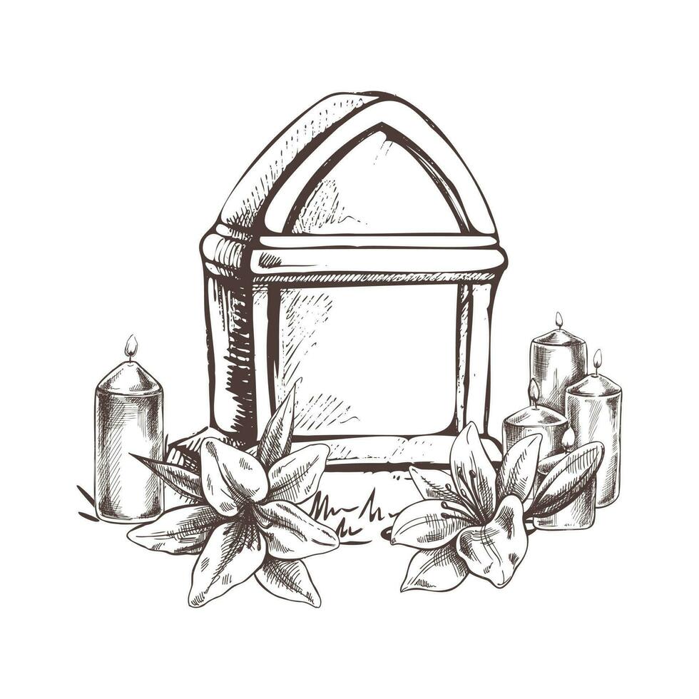 Old hand drawn murble stone tombstone with candles and lilies.. Rest in peace vector drawing illustration for funeral service, card or last farewell card. Sketch of grave or cemetery, resting place