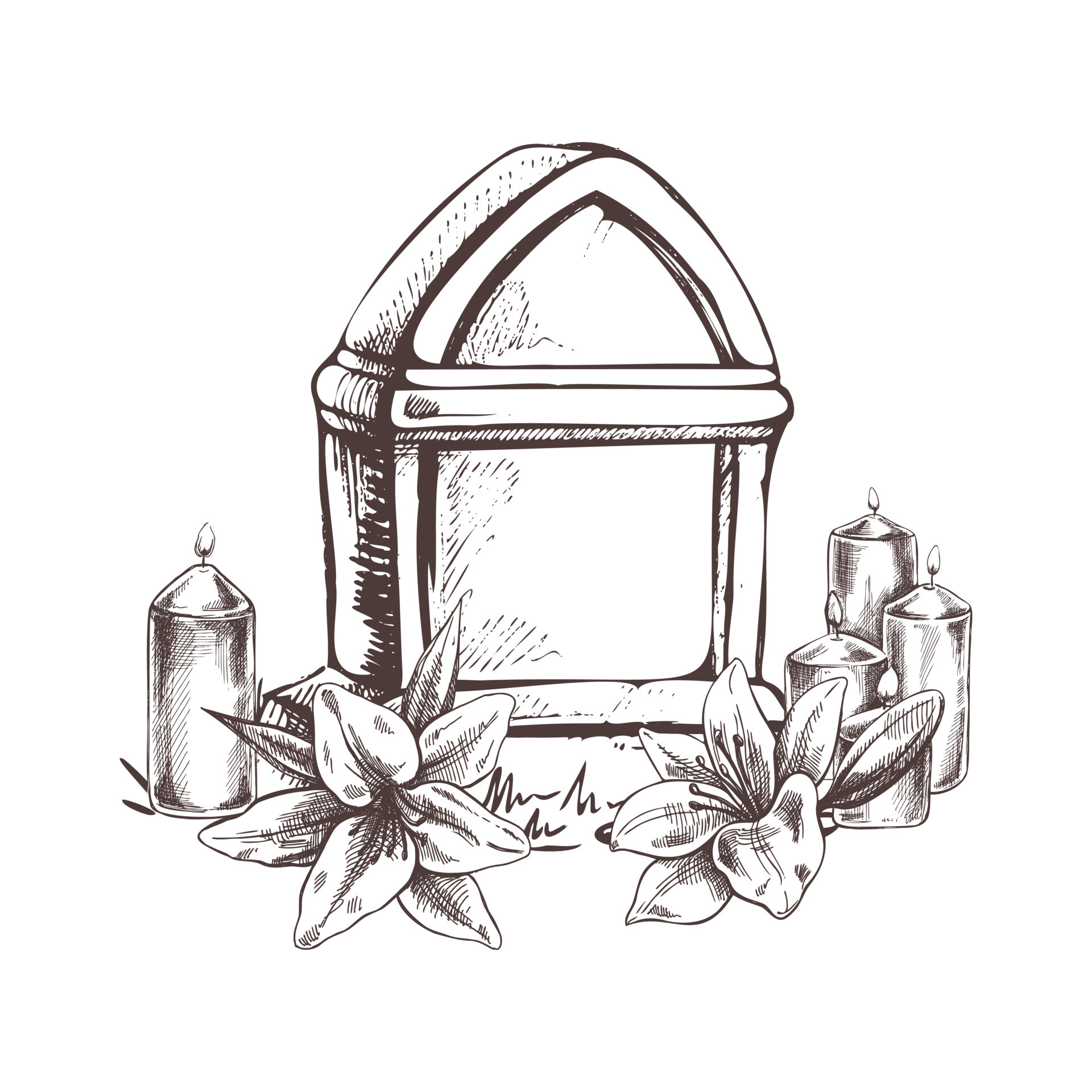 Old hand drawn murble stone tombstone with candles and lilies.. Rest in  peace vector drawing illustration for funeral service, card or last  farewell card. Sketch of grave or cemetery, resting place 23890655