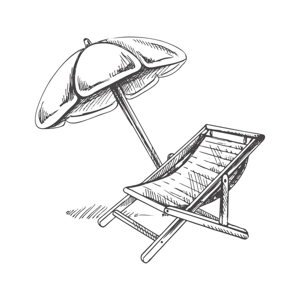 Hand drawn sketch of beach chair with beach umbrella. Vintage vector illustration isolated on white background. Doodle drawing.