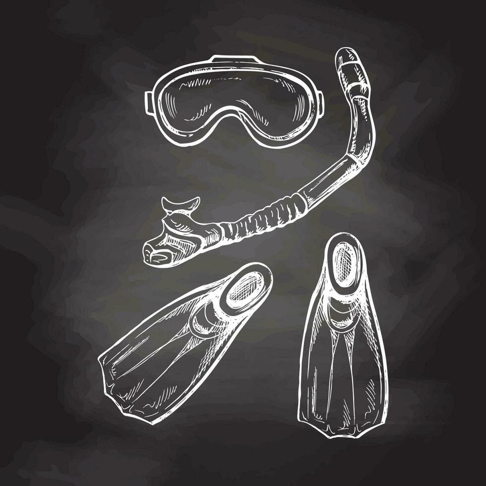 Hand drawn sketch of diving mask, diving fins and snorkel, vector Marine concept elements. Engraving illustration on chalkboard  background.