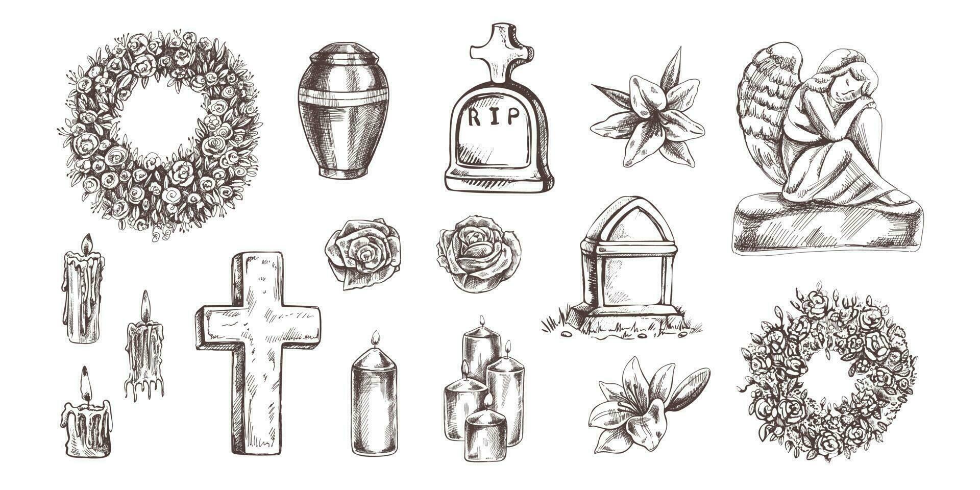 Funeral service.  Vector illustration. Attributes and symbols of condolence, loss, dead, bereavement and cemetry. Sketch of vintage stone angel, tombstone, urn, cross, resurrection.