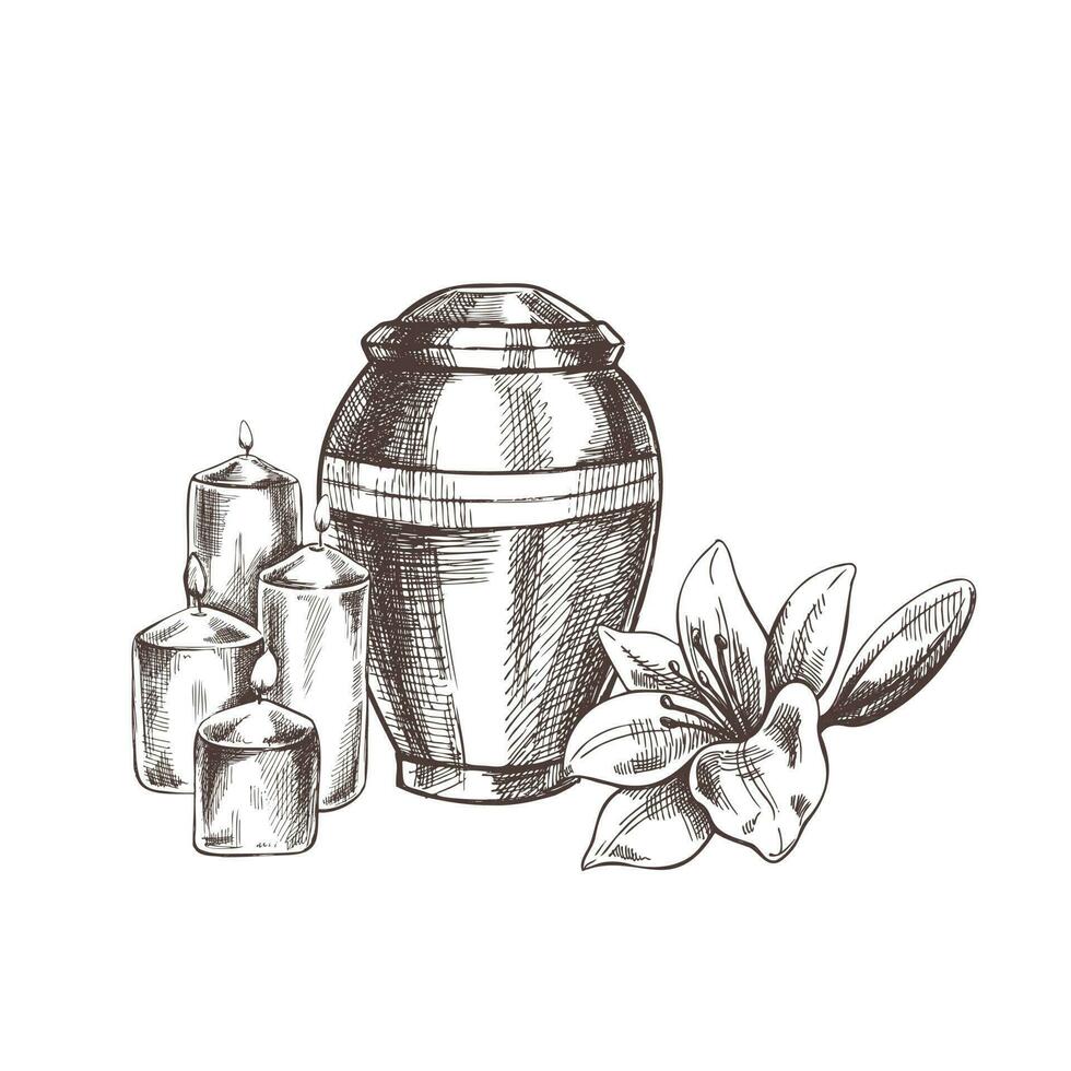 Hand drawn lilies, candles and an urn with ashes. Vector hand drawn isolated illustration on white background.