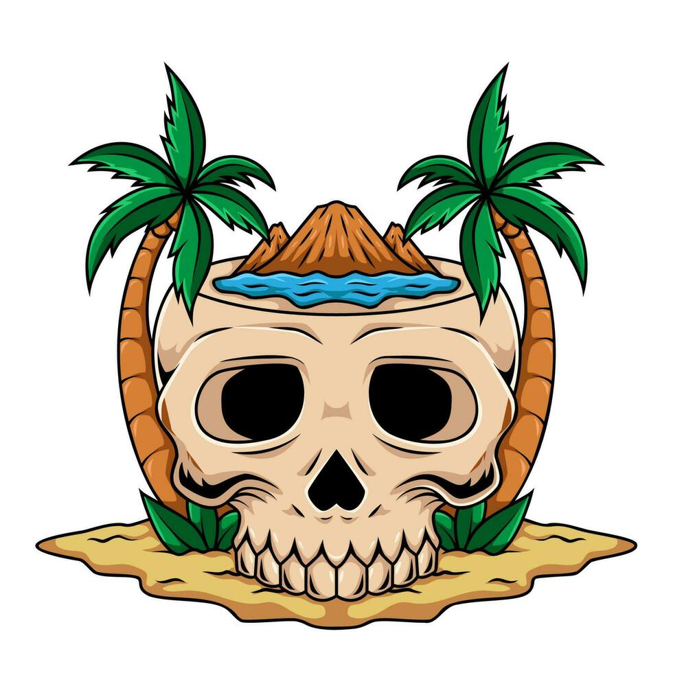 Illustration of summer vibe human skull mascot character with palm tree on the beach vector
