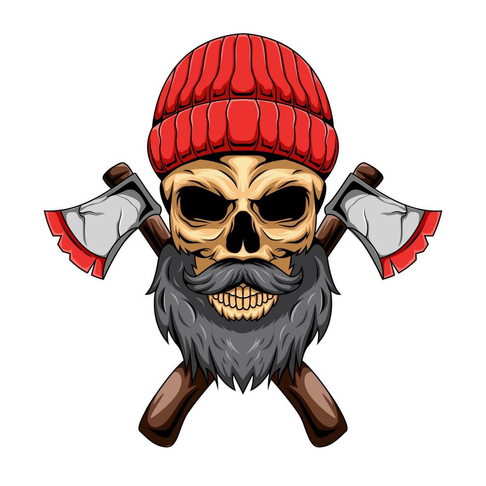 Illustration of carpenter human skull mascot character with crossed axes vector