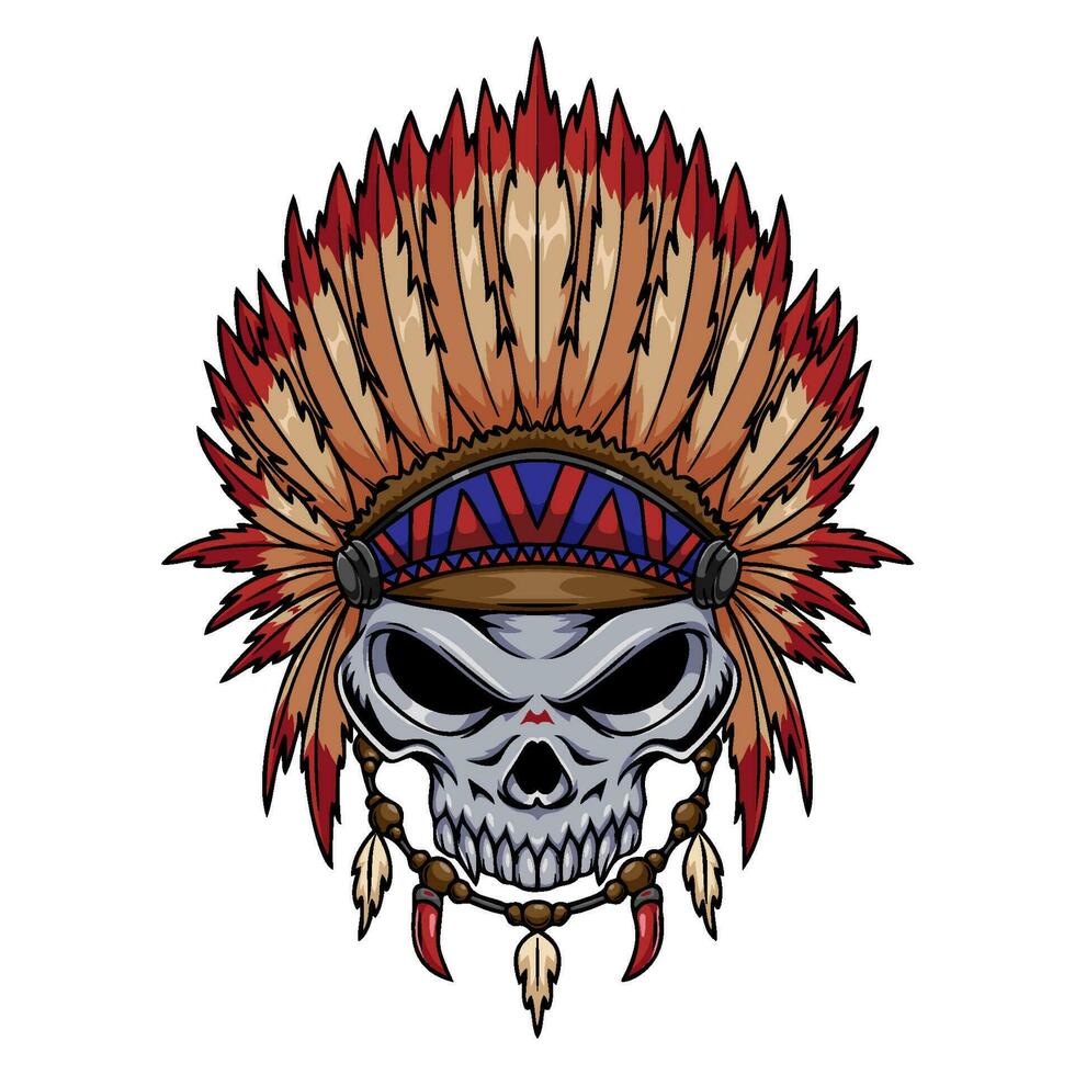 ilustración de tribal indio humano cráneo personaje vistiendo pluma tocado vector
