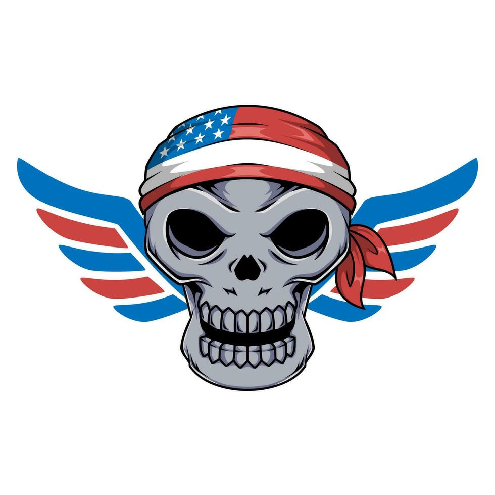 Illustration of biker human skull mascot character with wings and headband vector