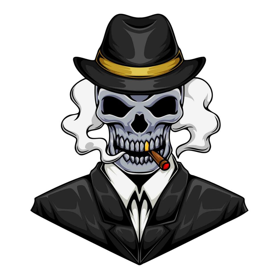 ilustración de gángster mafia humano cráneo personaje vistiendo traje y de fumar cigarro vector