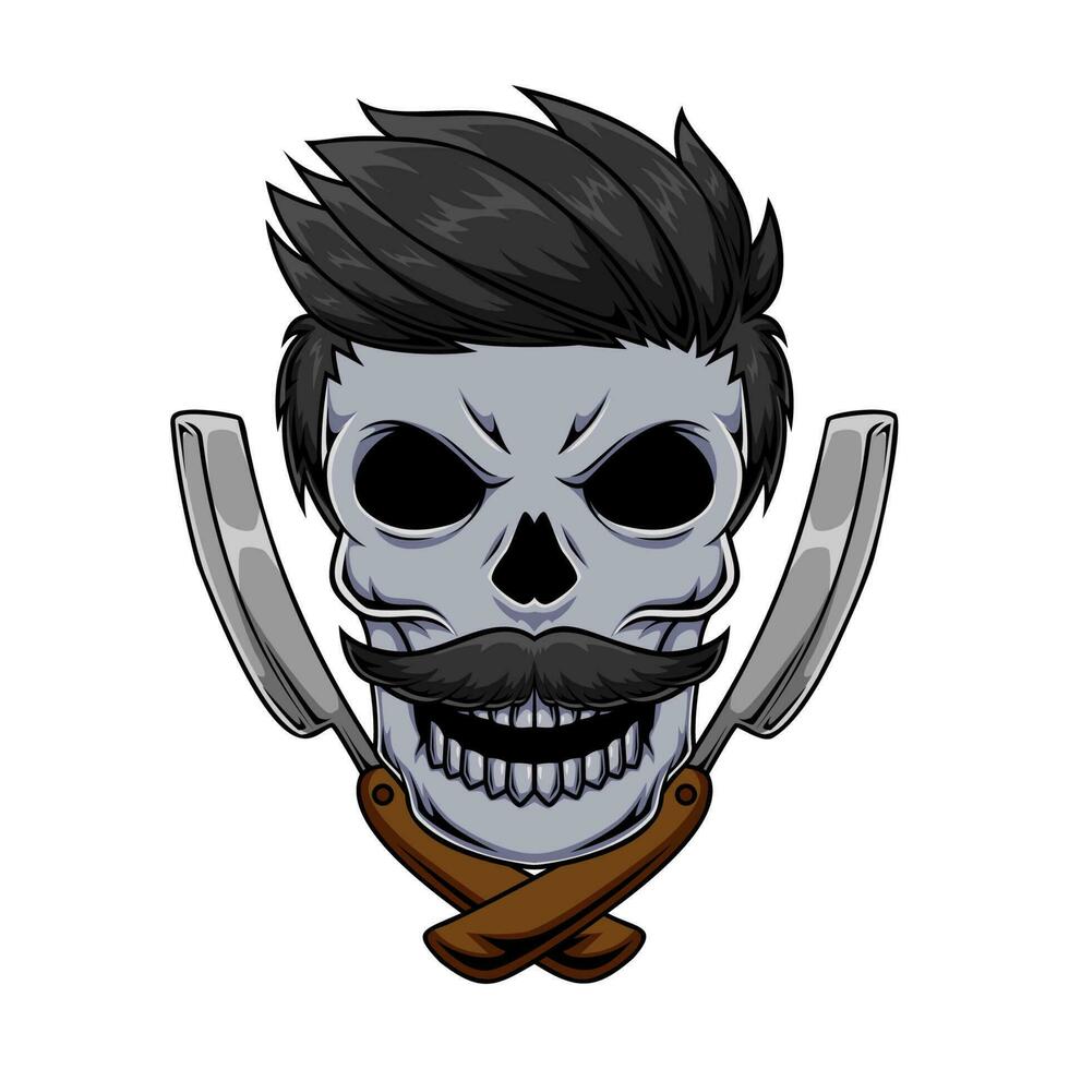 Illustration of barber human skull mascot character with crossed razor vector