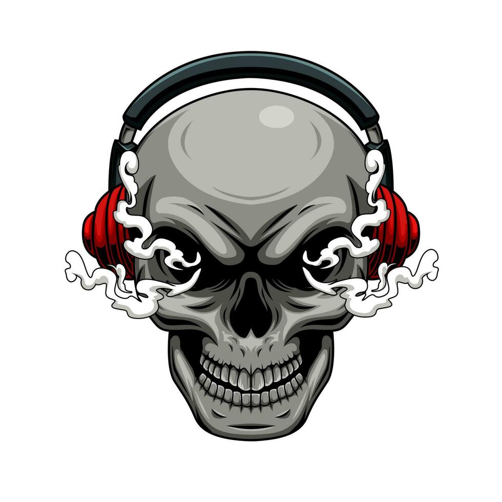 Illustration of music lover human skull mascot character wearing headphones with smoke vector