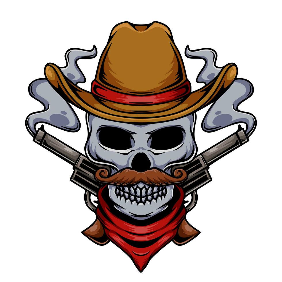 Illustration of cowboy human skull character with crossed pistols vector