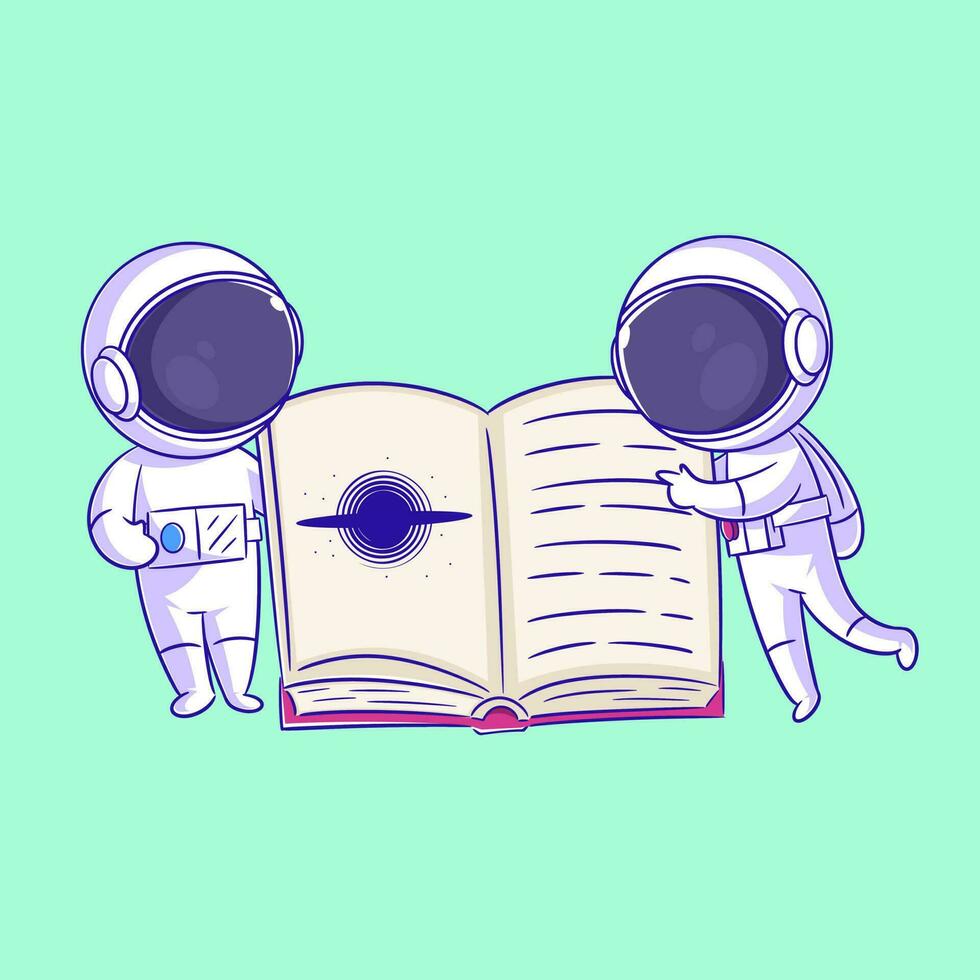 Two astronauts are reading a book together vector