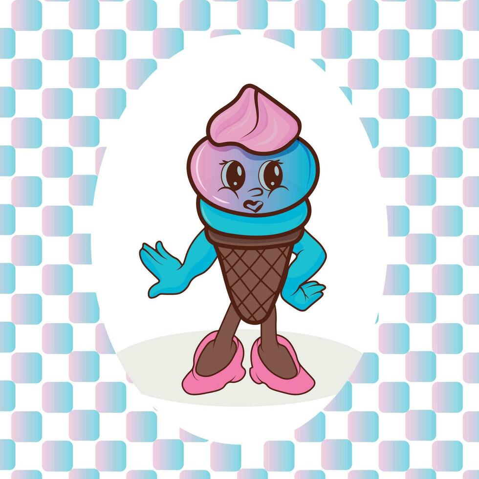 Pink blue ice cream in a waffle cone on a multi-colored background in the style of Groovy. A vector flat outline icon. Comic character in cartoon-style illustration