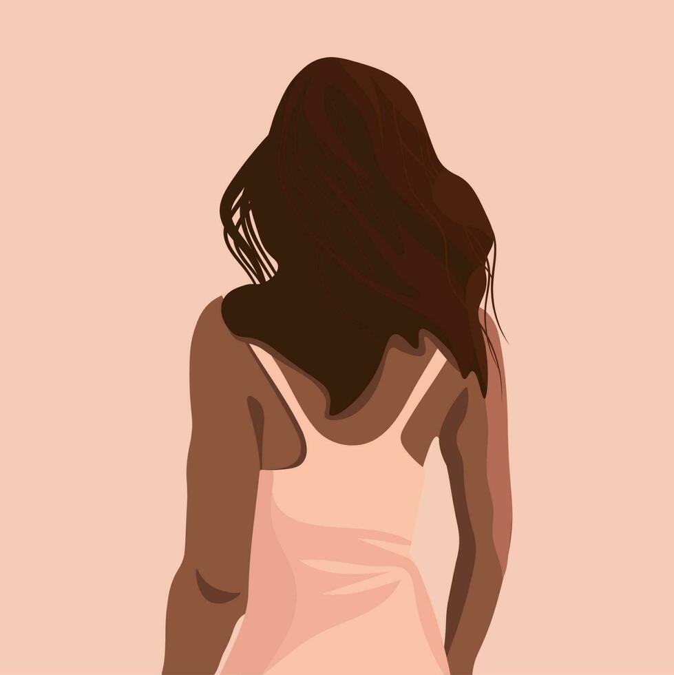 vector ilustración de un niña en pie con su espalda en calentar colores