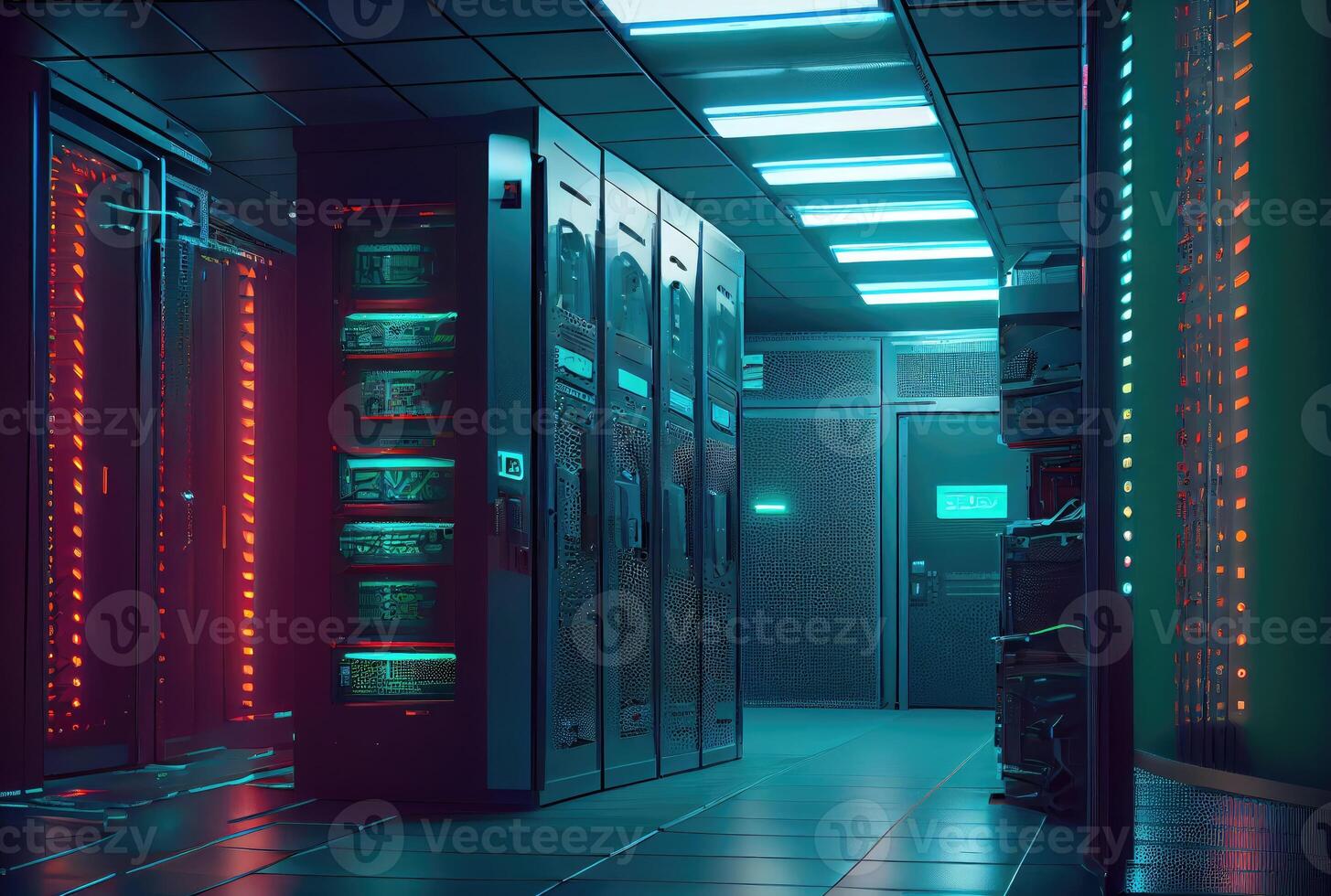 Server room for storage worldwide company database. Technology and big data concept. Digital art illustration. photo