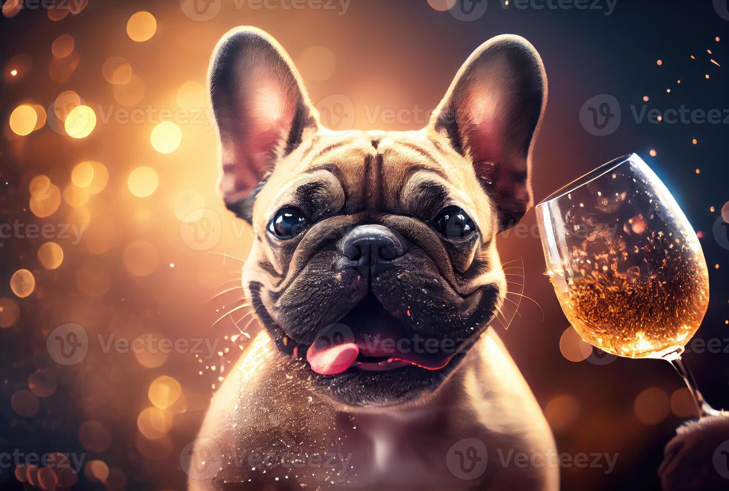 contento francés buldog perro con tostado vino vaso en fiesta y dorado bokeh ligero antecedentes. animal y mascota concepto. digital Arte ilustración. generativo ai foto