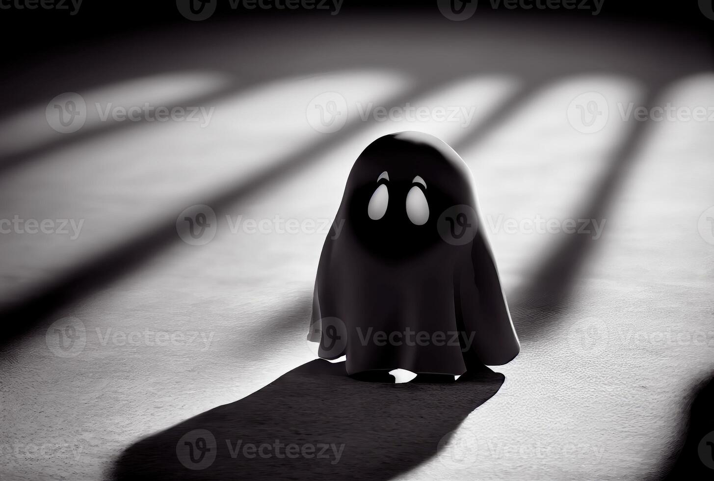 Cute ghost in the haunted house background. Halloween and spooky concept. photo