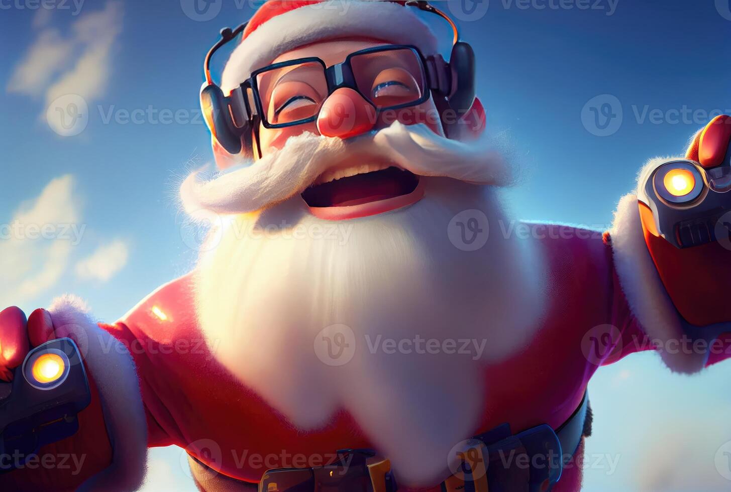 Closeup head shot of Santa Claus face flying on in the blue sky and cloudy background. Merry Christmas and Happy new year concept. Digital art illustration. photo