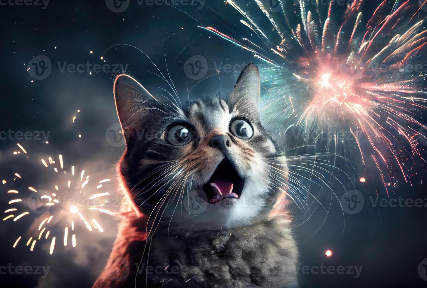 The cat is afraid and shocked by the sound of fireworks with sky background. Pet and animal concept. Digital art illustration. photo