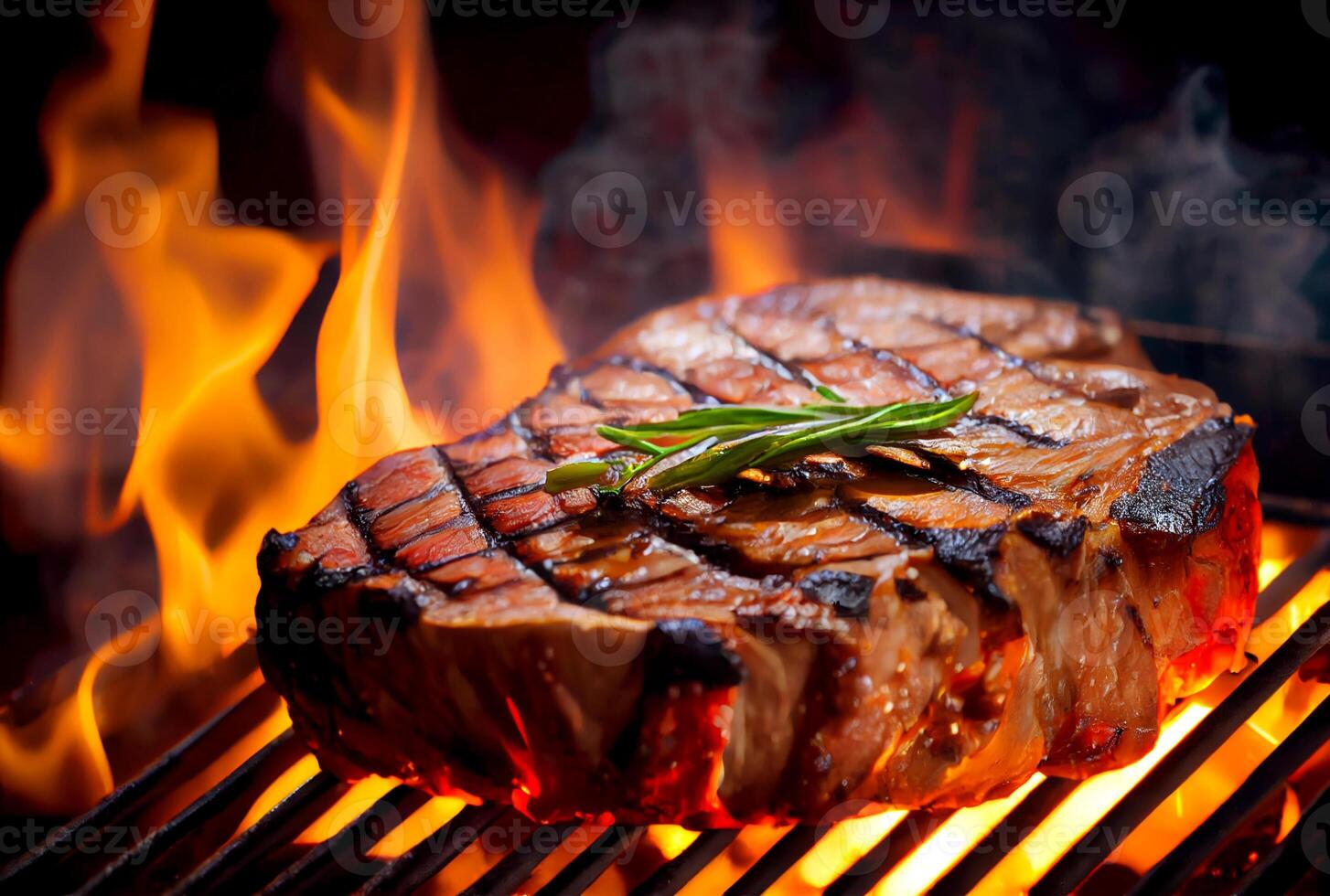 T-Bone steak or Porterhouse on grill with blazing fire flame. Food and cuisine concept. photo