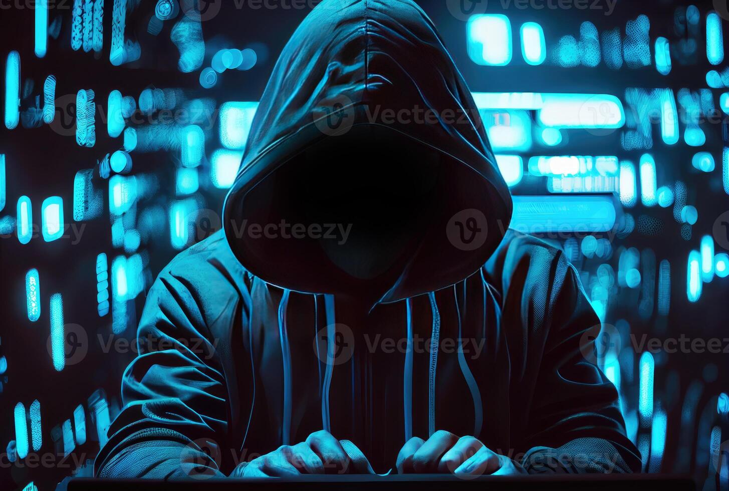Hacker in the black hood in the server room. Unrecognizable people. Technology and Cybersecurity and Criminal concept. photo