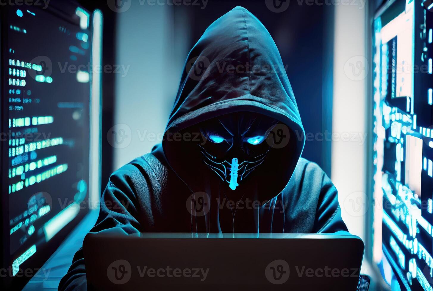 Hacker in the black hood in the server room. Unrecognizable people. Technology and Cybersecurity and Criminal concept. photo