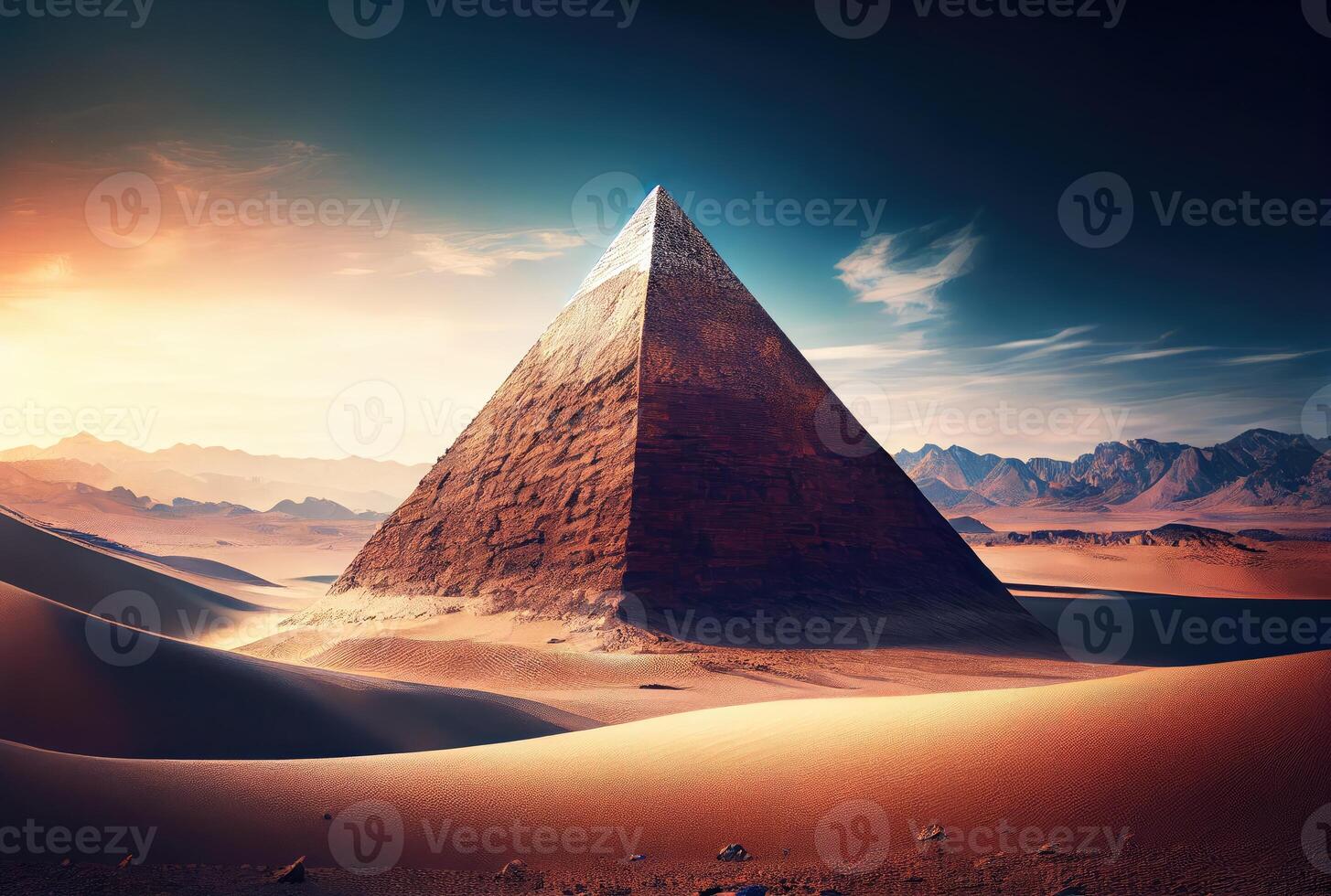 Pyramid in the sand dune desert and sky background. Travel destination and architecture concept. Digital art illustration. photo