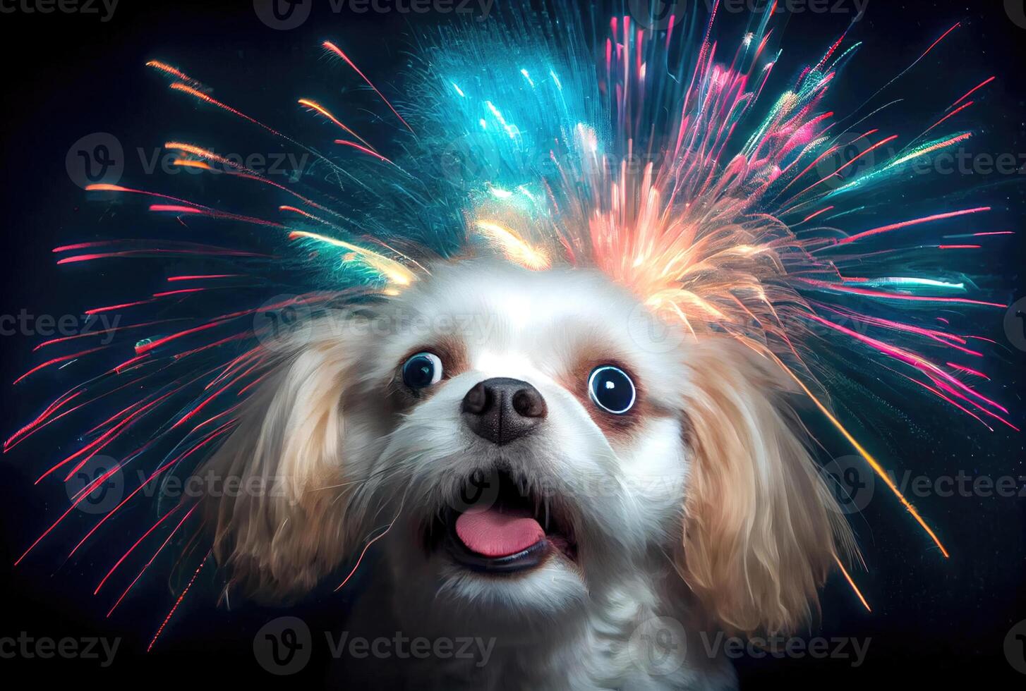 The dog is afraid and shocked by the sound of fireworks with sky background. Pet and animal concept. Digital art illustration. photo