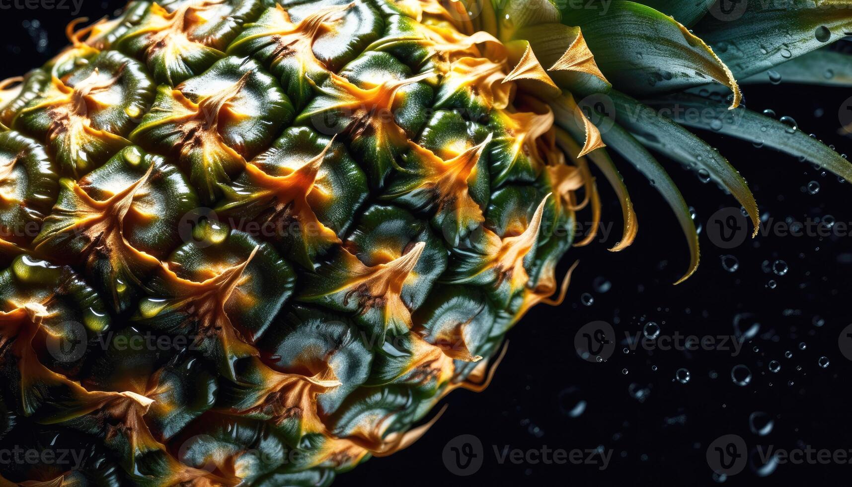 Close up of clean Pineapples with water drop in dark black background. Fresh fruit and Vegetable concept. Nutrition and vitamin theme. photo