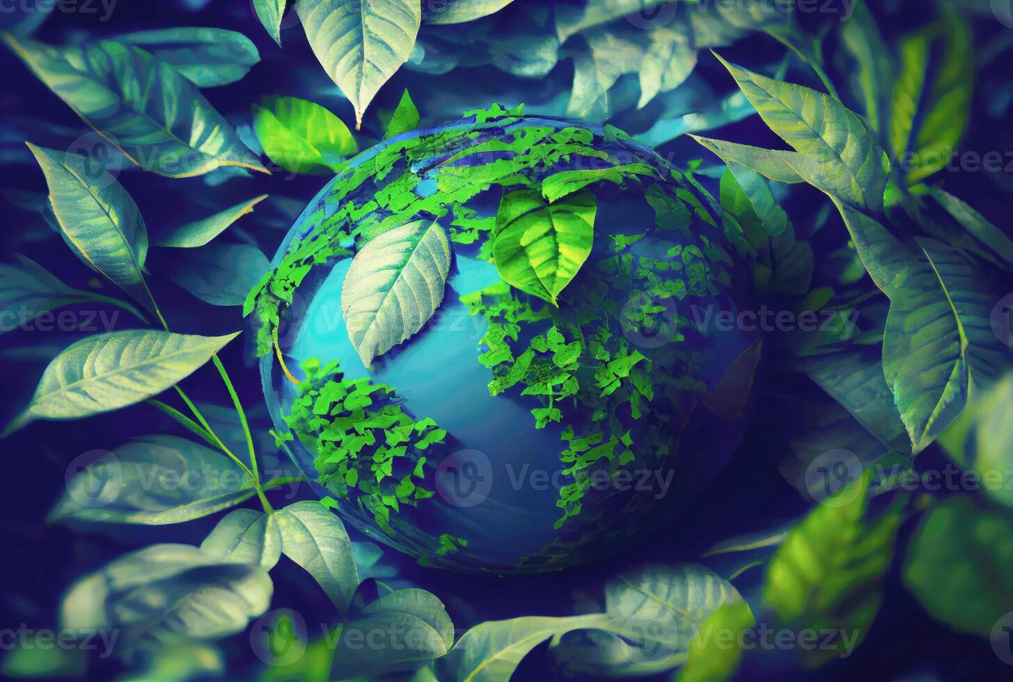 Beautiful Blue globe on the ground with decorating in summer season background. Beauty in nature and World Earth Day concept. photo